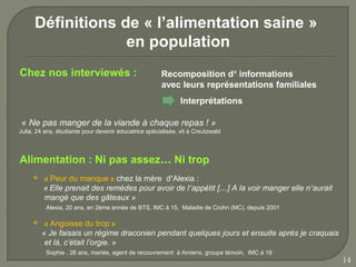 Définitions de « l’alimentation saine »
                   en population
Chez nos interviewés :                                 Recomposition d’ informations
                                                       avec leurs représentations familiales
                                                              Interprétations

« Ne pas manger de la viande à chaque repas ! »
Julia, 24 ans, étudiante pour devenir éducatrice spécialisée, vit à Creutzwald




Alimentation : Ni pas assez… Ni trop
        « Peur du manque » chez la mère d’Alexia :
         « Elle prenait des remèdes pour avoir de l’appétit […] A la voir manger elle n’aurait
         mangé que des gâteaux »
          Alexia, 20 ans, en 2ème année de BTS, IMC à 15, Maladie de Crohn (MC), depuis 2001

         « Angoisse du trop »
         « Je faisais un régime draconien pendant quelques jours et ensuite après je craquais
          et là, c’était l’orgie. »
          Sophie , 26 ans, mariée, agent de recouvrement à Amiens, groupe témoin, IMC à 19
                                                                                                 14
 