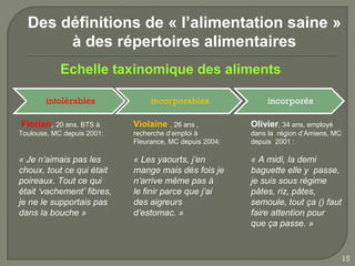 Des définitions de « l’alimentation saine »
       à des répertoires alimentaires
            Echelle taxinomique des aliments


Florian, 20 ans, BTS à      Violaine , 26 ans ,          Olivier, 34 ans, employé
Toulouse, MC depuis 2001:   recherche d’emploi à         dans la région d’Amiens, MC
                            Fleurance, MC depuis 2004:   depuis 2001 :

« Je n’aimais pas les       « Les yaourts, j’en          « A midi, la demi
choux, tout ce qui était    mange mais dés fois je       baguette elle y passe,
poireaux. Tout ce qui       n’arrive même pas à          je suis sous régime
était ‘vachement’ fibres,   le finir parce que j’ai      pâtes, riz, pâtes,
je ne le supportais pas     des aigreurs                 semoule, tout ça () faut
dans la bouche »            d’estomac. »                 faire attention pour
                                                         que ça passe. »


                                                                                       15
 