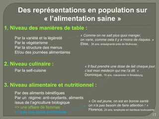 Des représentations en population sur
            « l’alimentation saine »
1. Niveau des manières de table :
                                        « Comme on ne sait plus quoi manger,
    Par la variété et la légèreté       on varie, comme cela il y a moins de risques. »
    Par le végétarisme                  Elise, 38 ans, enseignante près de Mulhouse.
    Par la structure des menus
    Et/ou des journées alimentaires


2. Niveau culinaire :                        « Il faut prendre une dose de lait chaque jour,
    Par la self-cuisine                      c’est mon médecin qui me l’a dit. »
                                             Dominique, 19 ans, mécanicien à Strasbourg.


3. Niveau alimentaire et nutritionnel :
    Par des aliments bénéfiques
    Par un régime: anti-oxydants, aliments
    issus de l’agriculture biologique          « On est jeune, on est en bonne santé
                                               on n’a pas besoin de faire attention ! »
    => une affaire de femmes
                                               Florence, 24 ans, employée en banlieue toulousaine.
    => pas une quête primordiale
                                                                                                17
 