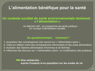 L’alimentation bénéfique pour la santé

Un contexte sociétal de santé environnementale dominant :
                     « l’alimentation »
                   Un élément clef - Un programme de santé publique -
                        Un concept d’alimentation durable


                      Un questionnement : Comment ?
1- acquisition des connaissances (son savoir) sur « l’alimentation saine »
2- mises en relation entre des connaissances mémorisées et des actes alimentaires
3- évolution des histoires alimentaires d’hommes et de femmes
4- influences des discours sur « l’alimentation saine » et modifications des pratiques



                Une recherche :
                auprès d’experts et en population sur les modes de vie

                                                                                         2
 