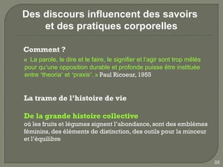 Des discours influencent des savoirs
    et des pratiques corporelles

Comment ?
«  La parole, le dire et le faire, le signifier et l’agir sont trop mêlés
pour qu’une opposition durable et profonde puisse être instituée
entre ‘theoria’ et ‘praxis’. » Paul Ricoeur, 1955


La trame de l’histoire de vie

De la grande histoire collective
où les fruits et légumes signent l’abondance, sont des emblèmes
féminins, des éléments de distinction, des outils pour la minceur
et l’équilibre


                                                                            26
 