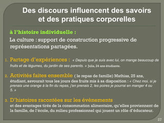 Des discours influencent des savoirs
                 et des pratiques corporelles
     à l’histoire individuelle :
     La culture : support de construction progressive de
     représentations partagées.

1.   Partage d’expériences :                  « Depuis que je suis avec lui, on mange beaucoup de
     fruits et de légumes, du jardin de ses parents. » Julia, 24 ans étudiante.

2.   Activités faites ensemble ( le repas de famille) Mathias, 25 ans,
     étudiant, savourait tous les jours des fruits mis à sa disposition : « Chez moi, si je
     prenais une orange à la fin du repas, j’en prenais 2, les poires je pourrai en manger 4 ou
     5. »

3.   D’histoires racontées sur les évènements
     et des avantages tirés de la consommation alimentaire, qu’elles proviennent de
     la famille, de l’école, du milieu professionnel qui jouent un rôle d’éducateur.

                                                                                                  27
 