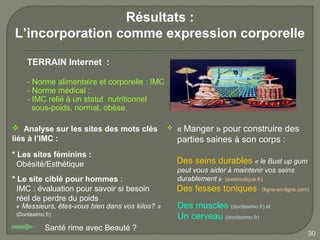 Résultats :
L’incorporation comme expression corporelle

     TERRAIN Internet :

     - Norme alimentaire et corporelle : IMC
     - Norme médical :
     - IMC relié à un statut nutritionnel
       sous-poids, normal, obèse.

 Analyse sur les sites des mots clés               « Manger » pour construire des
liés à l’IMC :                                       parties saines à son corps :
* Les sites féminins :
  Obésité/Esthétique                                 Des seins durables « le Bust up gum
                                                     peut vous aider à maintenir vos seins
* Le site ciblé pour hommes :                        durablement » (eveboutique.fr)
  IMC : évaluation pour savoir si besoin             Des fesses toniques        (ligne-en-ligne.com)
  réel de perdre du poids
 « Messieurs, êtes-vous bien dans vos kilos? »       Des muscles (doctissimo.fr) et
 (Doctissimo.fr)
                                                     Un cerveau (doctissimo.fr)
             Santé rime avec Beauté ?
                                                                                                   30
 