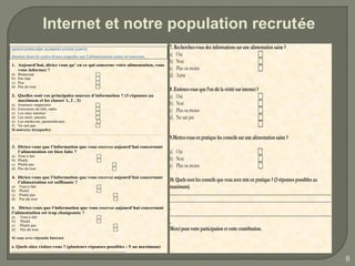 Internet et notre population recrutée
QUESTIONNAIRE ALIMENTATION SANTE                                              7. Recherchez-vous des informations sur une alimentation saine ?
Réalisé dans le cadre d’une enquête sur l’alimentation saine et internet.     a) Oui                                          
                                                                              b) Non                                          
1. Aujourd’hui, diriez vous qu’ en ce qui concerne votre alimentation, vous
   vous informez ?                                                            c) Plus ou moins                                
a)
b)
     Beaucoup
     Pas mal
                                              
                                              
                                                                              d) Autre
c)   Peu                                      
d)   Pas du tout                              
                                                                              8 .Estimez-vous que l’on dit la vérité sur internet ?
2. Quelles sont vos principales sources d’information ? (3 réponses au        a) Oui                                               
   maximum et les classer 1, 2 , 3)
a) Journaux magazines                                                        b) Non                                               
b) Emissions de télé, radio
c) Les sites internet
                              
                              
                                                                              c) Plus ou moins                                     
d) Les amis, parents                                                         d) Ne sait pas                                       
e) Les médecins, paramédicaux 
f) Ne sait pas                                                                                                                    
Si autre(s), le(s)quel(s) :
…………………………………………………………………………………………………
……                                                                            9.Mettez-vous en pratique les conseils sur une alimentation saine ?
3. Diriez-vous que l’information que vous recevez aujourd’hui concernant
   l’alimentation est bien faite ?                                            a) Oui                                             
a)   Tout à fait                              
b)   Plutôt                                                                  b) Non                                             
c)
d)
     Plutôt pas
     Pas du tout
                                                      
                                                      
                                                                              c) Plus ou moins                                   
4. Diriez-vous que l’information que vous recevez aujourd’hui concernant
   l’alimentation est suffisante ?
                                                                              10. Quels sont les conseils que vous avez mis en pratique ? (3 réponses possibles au
a)   Tout à fait                                                             maximum)
b)   Plutôt                                   
c)   Plutôt pas                                                              ……………………………………………………………………………………………………
d)   Pas du tout                                       
                                                                              ……………………………………………………………………………………………………
5.  Diriez-vous que l’information que vous recevez aujourd’hui concernant     .
l’alimentation est trop changeante ?
a)    Tout à fait                             
                                                                              ……………………………………………………………………………………………………
b)    Plutôt                                                                 .
c)    Plutôt pas                                       
d)    Pas du tout                                                            Merci pour votre participation et votre contribution.
Si vous avez répondu Internet

6. Quels sites visitez-vous ? (plusieurs réponses possibles : 5 au maximum)
…………………………………………………………………………

                                                                                                                                                                     9
 