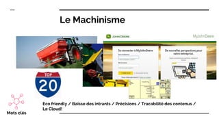 Le Machinisme
Eco friendly / Baisse des intrants / Précisions / Tracabilité des contenus /
Le Cloud!
Mots clés
 