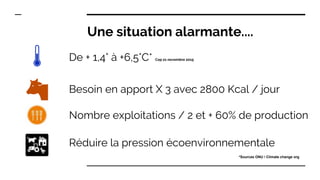 Une situation alarmante....
De + 1,4° à +6,5°C* Cop 21 novembre 2015
Besoin en apport X 3 avec 2800 Kcal / jour
Réduire la pression écoenvironnementale
Nombre exploitations / 2 et + 60% de production
*Sources ONU / Climate change org
 