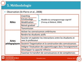 Faculté d’éducation
5. Méthodologie
8 février 2011Christelle Lison
12
 Observation (St-Pierre et al., 2008)
Rôles
Coaching
Échafaudage
Modélisation
Retrait graduel
Transmission
Actes
pédagogiques
Activer les connaissances antérieures
Rendre les étudiants actifs
Susciter et exploiter les interactions entre les étudiants et
avec le professeur
Soutenir l’organisation et la construction des connaissances
Intégrer l'évaluation des apprentissages dans l’enseignement
Développer la capacité réflexive
Favoriser le transfert de connaissances et de compétences
Modèle du compagnonnage cognitif
(Frenay et Bédard, 2004)
 
