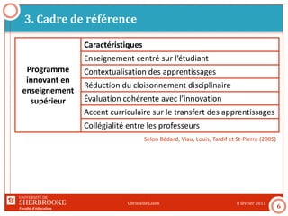 Faculté d’éducation
3. Cadre de référence
8 février 2011Christelle Lison
6
Programme
innovant en
enseignement
supérieur
Caractéristiques
Enseignement centré sur l’étudiant
Contextualisation des apprentissages
Réduction du cloisonnement disciplinaire
Évaluation cohérente avec l’innovation
Accent curriculaire sur le transfert des apprentissages
Collégialité entre les professeurs
Selon Bédard, Viau, Louis, Tardif et St-Pierre (2005)
 