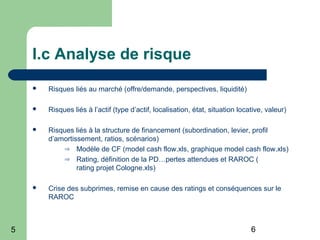 65
I.c Analyse de risque
 Risques liés au marché (offre/demande, perspectives, liquidité)
 Risques liés à l’actif (type d’actif, localisation, état, situation locative, valeur)
 Risques liés à la structure de financement (subordination, levier, profil
d’amortissement, ratios, scénarios)
⇒ Modèle de CF (model cash flow.xls, graphique model cash flow.xls)
⇒ Rating, définition de la PD…pertes attendues et RAROC (
rating projet Cologne.xls)
 Crise des subprimes, remise en cause des ratings et conséquences sur le
RAROC
 