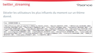 twitter_streaming 
Déceler 
les 
utilisateurs 
les 
plus 
influents 
du 
moment 
sur 
un 
thème 
donné. 
 
