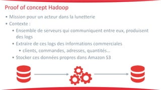 Proof 
of 
concept 
Hadoop 
• Mission 
pour 
un 
acteur 
dans 
la 
lunetterie 
• Contexte 
: 
• Ensemble 
de 
serveurs 
qui 
communiquent 
entre 
eux, 
produisent 
des 
logs 
• Extraire 
de 
ces 
logs 
des 
informations 
commerciales 
• clients, 
commandes, 
adresses, 
quantités… 
• Stocker 
ces 
données 
propres 
dans 
Amazon 
S3 
 