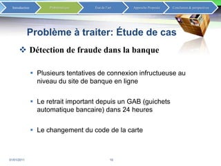 Problème à traiter: Étude de casDétection de fraude dans la banque Plusieurs tentatives de connexion infructueuse au niveau du site de banque en ligneLe retrait important depuis un GAB (guichets automatique bancaire) dans 24 heuresLe changement du code de la carte02/01/201110