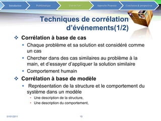 Techniques de corrélation d’événements(1/2)Corrélation à base de cas Chaque problème et sa solution est considéré comme un casChercher dans des cas similaires au problème à la main, et d’essayer d’appliquer la solution similaireComportement humain Corrélation à base de modèleReprésentation de la structure et le comportement du système dans un modèleUne description de la structure,Une description du comportement,02/01/201115
