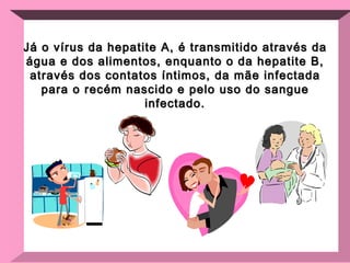 Já o vírus da hepatite A, é transmitido através da água e dos alimentos, enquanto o da hepatite B, através dos contatos íntimos, da mãe infectada para o recém nascido e pelo uso do sangue infectado. 