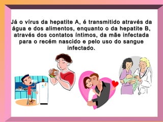 Já o vírus da hepatite A, é transmitido através da água e dos alimentos, enquanto o da hepatite B, através dos contatos íntimos, da mãe infectada para o recém nascido e pelo uso do sangue infectado. 