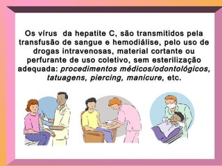 Os vírus da hepatite C, são transmitidos pelaOs vírus da hepatite C, são transmitidos pela
transfusão de sangue e hemodiálise, pelo uso detransfusão de sangue e hemodiálise, pelo uso de
drogas intravenosas, material cortante oudrogas intravenosas, material cortante ou
perfurante de uso coletivo, sem esterilizaçãoperfurante de uso coletivo, sem esterilização
adequada:adequada: procedimentos médicos/odontológicos,procedimentos médicos/odontológicos,
tatuagens, piercing, manicure,tatuagens, piercing, manicure, etc.etc.
 