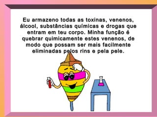 Eu armazeno todas as toxinas, venenos,Eu armazeno todas as toxinas, venenos,
álcool, substâncias químicas e drogas queálcool, substâncias químicas e drogas que
entram em teu corpo. Minha função éentram em teu corpo. Minha função é
quebrar quimicamente estes venenos, dequebrar quimicamente estes venenos, de
modo que possam ser mais facilmentemodo que possam ser mais facilmente
eliminadas pelos rins e pela pele.eliminadas pelos rins e pela pele.
 