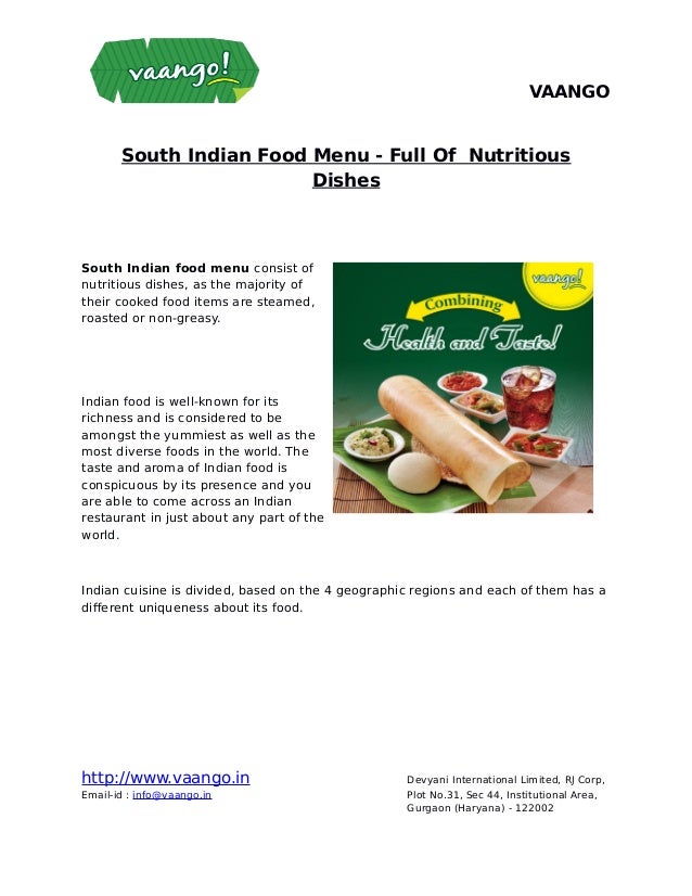 South Indian Food Menu - Full Of Nutritious Dishes