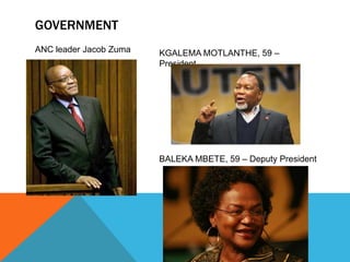 GOVERNMENT
ANC leader Jacob Zuma KGALEMA MOTLANTHE, 59 –
President
BALEKA MBETE, 59 – Deputy President
 