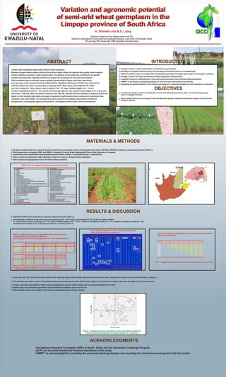 .{~                                      Variation and agronomic potential
                               ••. .
                               .........                               of semi-arid wheat germ plasm in the
                               '{
                                                                        Limpopo province of South Africa
                                                                                                                         H. Shimel is and M.D. Laing
 UNIVERSITY OF                                                                                                African C('ntrc for Crop hllpro,C'lI1rnl (ACel),
KWAZULU-NATAL                                                                            School of Agricultural, Earth and Environmental Scienc('s, Univ(,Tsity of KwaZulu-Natal,
                                                                                                        Prh'atc Bag XOI, Scottsville 3209, Republic or South Africa




                                                         ABSTRACT
                                                                                                                                                                             .:. Drought remains a major limiting factor of potential crop production.
  Limited water availability significantly reduces wheat production.
                                                                                                                                                                             .:. Breeding for drought resistance under the prevailing environment would be a breakthrough.
  Breeding drought tolerant wheat cultivars that produce higher yields and superior flour quality under marginal
                                                                                                                                                                             .:. Different putative traits are available that consistently associated with higher grain yield under drought conditions.
  rainfall conditions would be a major breakthrough. The objective of this study was to determine the genetic
                                                                                                                                                                             .:. Drought is one of the major constraints of wheat production in South Africa.
  variation and agronomic potential of 49 diverse wheat lines developed for semi·arid environments.
                                                                                                                                                                             .:. Limpopo Province is characterized to have semi-arid environment that restricted wheat production.
  Field evaluations were conducted using a partially balanced lattice design. with three replications.
                                                                                                                                                                             .;. CIMMYT is developing candidate genotypes for semi-arid and unfavorable environments.
  over two years in the Limpopo Province of South Africa. Significant differences (P50.05) were observed for
                                                                                                                                                                             .:. Exploiting the genetic potential of the existing germ plasm for improved drought and heat resistance is important.
  important agronomic traits, including days to heading (52.62 - 98.91 days), plant height (57.55 - 98.95
  cm), tiller numbers (8 - 24 per plant), days to maturity (126 -147 days), spikelet length (5.33 -13 cm),
  number of spikelet per spike(11 - 31), number of kernels per spike (8 - 46), hundred kernel weight (3.33 - 6.34 g) and
                                                                                                                                                                                                                          OBJECTIVES
  yield (2.42 - 8.58 tlha). Semi-arid wheat accessions 336, 326, 302, 338 and 322 were identified as superior accessions,                                                    .:. To determine genetic variation and potential of semi·arid wheat germplasmfor yield and important agronomic
                                                                                                                                                                                 trails in Limpopo Province.
  based on their relatively high yields and superior agronomic performances when compared to commercia l lines
  marketed in the same region . The selected lines will be used for the strategic improvement of wheat for                                                                   .'. Select suitable parents and Introgress traits into desirable genetic background todevelop drought and heat stress
                                                                                                                                                                              , resistant cultivars.
  drought-prone, and marginal regions of South Africa, and regions of Africa with similar environments.




                                                                                                         MATERIALS & METHODS
  .:. 49 diverse bread wheat lines used; 47 bred for semi-arid environments and two commercial local checks (SST822, SST825) included as comparative controls (Table 1) .
  •:. Field experiments conducted (2007 and 2008) in Limpopo Province at the Experimental Farm of the University of Limpopo.
  .;. Experiments were established using partially balanced lattice design (7 incomplete blocks, 3 replications)
  .;. Data on yield and agronomic traits collected to select for early vs. terminal stress resistance
  .:. Data analyzed using Agrobase Gen II and SAS Lattice procedure


                        Table 1. List and pedigree of 49 wheat lines used in the study

                                                                                                                                                                                                                   I




     an A""-"""'OIK _ _
     an OI-vs· ....... 'OIt
     ......
     .,. OI-vs· ....... 'OIt
              ,,~               ........

                                                                                                         RESULTS & DISCUSSION
  -:- Significant differences observed for important agronomic traits (Table 2).
  -:- Considerable variations observed for days to heading (52.62 - 98.91 days), plant height (57.55 - 98.95 em), tiller numbers
      (8 • 24 per plant), days to maturity (126 ·147 days), spikelet length (5.33 • 13 cm). number of spikelet per spike (11 ·31), number of kernels per spike (8 • 46),
      hundred kernel weight (3.33 • 6.34 g) and yield (2.42 • 8.58 t/ha) (Table 3).




                                                                                                                                                                                                                              Table 4. Correlation coefficients for pair-wise association of nine
    Table 2. Analysis of variance of agronomic traits among 49 lines
                                                                                                                                                                                                                              agronomic characters
    of wheat tested under partially balanced
    lattice design with seven Incomplete blocks and three replications.




    I I
    I I
   DF=degrees of freedom; MS=mean square; NS=non Significant.
                                                                                                                                                                                                                          • and" Signiflcanlly correlated at the 0.05 and 0.01 level, respectively


   " •• denote significance differences at 0.05 and 0.01 probability levels, respectively.




  -:- Lines 336, 326, 302, 338 and 322 were selected with rwlatlvely high yield and better agronomic perfonnanc. . when compared to commerdallocal checks (Table 3, Flgurw 1).

  -:- The selected lines will be used In the strategic Improvement of wheat fOf' water limited and marginal environments In Limpopo Province and other similar environments

  -:- Further evaluation and selection within various geographicallocaUon will be conducted 10 maximize adaptation and yield.
  >0> Quality traits and controlled experiments (water deficient conditions) will be carried out.
  >0> Other related sources of drought or heat shock realstant gerrnplasm will be Included.



                                                                                                                                                   .. .
                                                                                                                                                    . ~~
                                                                                                                         ~                     0
                                                                                                                     0




                                                                                                                                  .. .' .I ~ ·oo~
                                                                                                                                                             0



                                                                                                                                                                                                     0_
                                                                                                                                           0




                                                                                                                                       .........
                                                                                                                                                                 0

                                                                                                             ~
                                                                                                                         -
                                                                                                                                      0
                                                                                                                                          ~
                                                                                                                                                    0   "'
                                                                                                                                      0
                                                                                                                                          0'" ..,                        0'" 0"'0"" 0"'"
                                                                                                             ,
                                                                                                             ~
                                                                                                                                .. .. .'"
                                                                                                                                                        -
                                                                                                                                                                     0"'"'0''''' ...
                                                                                                                              '::"0            0                             o       0

                                                                                                                 .
                                                                                                                                                 ... .,
                                                                                                                              .0.
                                                                                                                                                                                         .0
                                                                                                                                                                                          0
                                                                                                                                                                                     .:,.. 0"", ".
                                                                                                                                              .,                                 •            0



                                                                                                                                                 . . ,
                                                                                                                                                                         m

                                                                                                                 -                                      0            0

                                                                                                                         .,         -.
                                                                                                                                                    pc ....... P'''')

                                                                                                     Figure 1. Rotated principal component scores and percent e)lplained
                                                                                                        variance showing similarities among 49 entries of T. aest;vum



                                                                                                            ACKNOWLEDGMENTS
                                           The National Research Foundation (NRF) of South Africa and the Generation Challenge Program
                                           (GCP) are sincerely thanked for financial assistance of the study.
                                           CIMMYT Is acknowledged for providing the seml-arld wheat germplasm and awarding the conference travel grant to the first author.
 