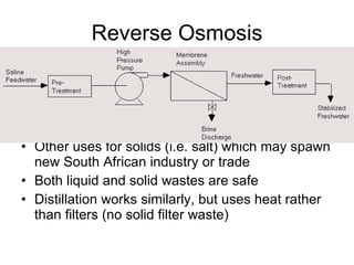 Reverse Osmosis Other uses for solids (i.e. salt) which may spawn new South African industry or trade Both liquid and solid wastes are safe Distillation works similarly, but uses heat rather than filters (no solid filter waste) 