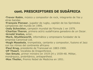 cont. PRESCRIPTORES DE SUDÁFRICA Trevor Rabin , músico y compositor de rock, integrante de Yes y otras bandas François Pienaar , jugador de rugby, capitán de los Sprinboks campeones del mundo en 1995. Jody Scheckter,  campeón mundial de Fórmula 1 en 1979. Charlize Theron , primera actriz sudafricana ganadora de un Oscar. Arnold Vosloo,  actor. Mark, Shuttleworth , informático y empresario fundador de la empresa Canonical Ltd. Hugh Masekela , trompetista, cantante y compositor, fusiono el Jazz con los ritmos del continente africano Paul Krug,  presidente de Transvaal en 1883-1900. ZP Theart , Vocalista de Dragonforece. Jan Smuts , primer ministro en 1919-24 y 1939-48. Militar, monárquico, probritánico, antiapartheid. Max Theiler,  Premio Nobel de Medicina en 1951. 