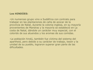 Los HINDÚES: -Un numeroso grupo vino a Sudáfrica con contrato para trabajar en las plantaciones de caña de azúcar de la provincia de Natal, durante la colonia inglesa, en su mayoría provenientes de Mandras y la mayoría se estableció en La costa de Natal, dándole un carácter muy especial, con el colorido de sus atuendos y los aromas de sus comidas.  -La población hindú, también fue víctima del sistema del apartheid, pero debido a su carácter de trabajo, tesón y la unidad de su pueblo, lograron superar gran parte de las dificultades.  