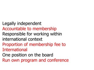 Legally independent Accountable to membership Responsible for working within international context Proportion of membership fee to International One position on the board Run own program and conference 