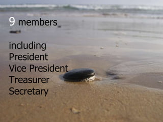 9  members  including  President  Vice President  Treasurer Secretary 