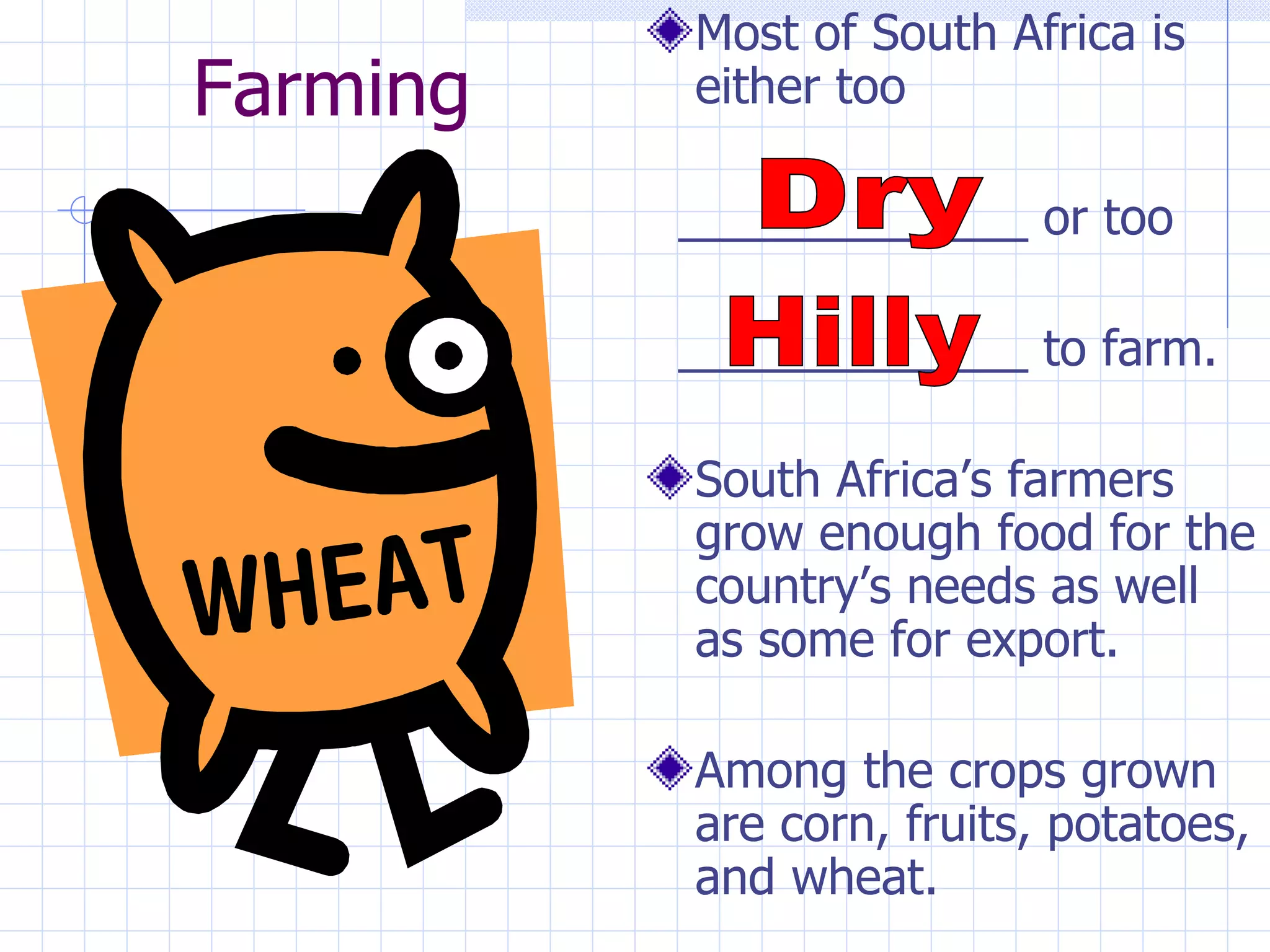 Most of South Africa is
Farming   either too

          _____________ or too

          _____________ to farm.

          South Africa’s farmers
          grow enough food for the
          country’s needs as well
          as some for export.

          Among the crops grown
          are corn, fruits, potatoes,
          and wheat.
 