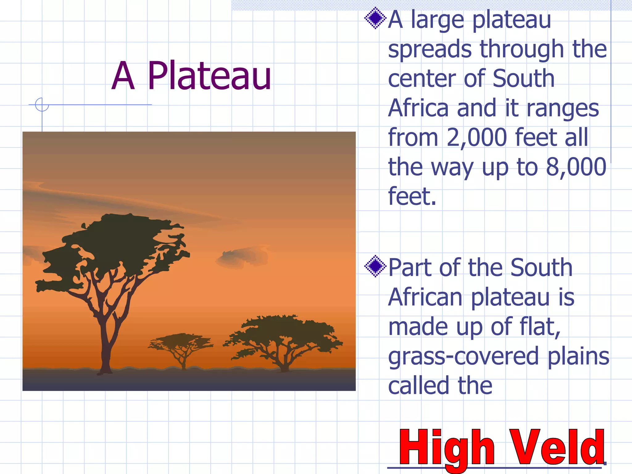 A large plateau
            spreads through the
A Plateau   center of South
            Africa and it ranges
            from 2,000 feet all
            the way up to 8,000
            feet.

            Part of the South
            African plateau is
            made up of flat,
            grass-covered plains
            called the

            ________________.
 