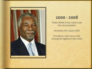 2000 - 2008Thabo Mbeki is the voted to be the next presidentHe denies HIV causes AIDSPrevalence rates rise to 30%, among the highest in the world