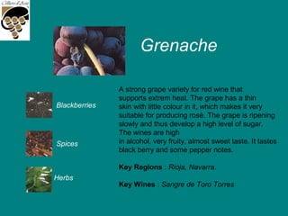 Grenache
Blackberries
Spices
Herbs
A strong grape variety for red wine that
supports extrem heat. The grape has a thin
skin with little colour in it, which makes it very
suitable for producing rosé. The grape is ripening
slowly and thus develop a high level of sugar.
The wines are high
in alcohol, very fruity, almost sweet taste. It tastes
black berry and some pepper notes.
Key Regions : Rioja, Navarra.
Key Wines : Sangre de Toro Torres
 