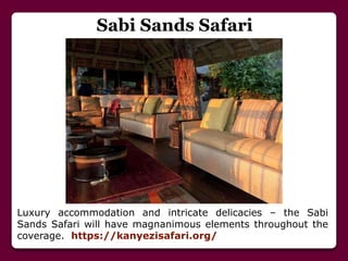 Sabi Sands Safari
Luxury accommodation and intricate delicacies – the Sabi
Sands Safari will have magnanimous elements throughout the
coverage. https://kanyezisafari.org/
 