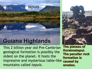 tepuis The plateau of Roraimatepui. The peculiar rock formation is caused by erosion.   This 2 billion year old Pre-Cambrian geological formation is possibly the oldest on the planet. It hosts the impressive and mysterious table-like mountains called  tepuis.   Guiana Highlands 