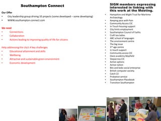 Southampton Connect
Our Offer
                                                                                    •   Hampshire and Wight Trust for Maritime
•    City leadership group driving 10 projects (some developed – some developing)       Archaeology
•    WWW.southampton-connect.com                                                    •   Keeping pace with Pain
                                                                                    •   Community Access CIC
                                                                                    •   In Touch housing support
We need                                                                             •   City limits employment
•     Connections                                                                   •   Southampton Council of Faiths
•     Collaboration                                                                 •   Craft tea ladies
                                                                                    •   ABC school of languages
•     Actions leading to improving quality of life for citizens
                                                                                    •   The environment centre
                                                                                    •   The big issue
Help addressing the city’s 4 key challenges                                         •   3rd age centre
                                                                                    •   In touch support
•      Educational attainment and skills
                                                                                    •   Community access CIC
•      Wellbeing                                                                    •   Oasis academy Mayfield
•      Attractive and sustainable green environment                                 •   Stepacross CIC
•      Economic development                                                         •   Active options
                                                                                    •   Active nation
                                                                                    •   Bits and bobs social enterprise
                                                                                    •   British computer society
                                                                                    •   Catch 22
                                                                                    •   Probation service
                                                                                    •   Southampton Placebook
                                                                                    •   Transition Southampton
 