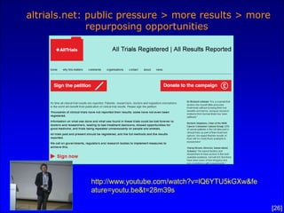 altrials.net: public pressure > more results > more
              repurposing opportunities




             http://www.youtube.com/watch?v=lQ6YTU5kGXw&fe
             ature=youtu.be&t=28m39s

                                                             [26]
 