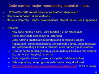 Code names: major repurposing potential – but..
• ~ 95% of the 30K are/will become “parked” or “abandoned”
• Can be repurposed in silico at least
• Obvious hierarchy : leads> development > clinical trials > INN > approved

• Problems
   – New code names < 50% - 70% blinded (i.e. no structures)
   – Some older code names never un-blinded
   – Code naming practices independent and completely ad hoc
   – Publications, conference reports, clinical trials entries, press releases
     and portfolio listings linked to “blinded” code names (no structures)
   – Even for public declarations (e.g. papers) data linked into “the system”
     (e.g. synonym mapping) is patchy
   – Code originators do not provenance public database entries
   – Data supporting non-progression decisions rarely disclosed
   – http://chembl.blogspot.se/p/research-code-stems.html 100’s of codes

                                                                            [8]
 