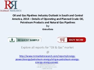 Oil and Gas Pipelines Industry Outlook in South and Central
America, 2014 – Details of Operating and Planned Crude Oil,
Petroleum Products and Natural Gas Pipelines
by
GlobalData
Explore all reports for “Oil & Gas” market
@
http://www.rnrmarketresearch.com/reports/energy-
power/energy/petroleum-energy/oil-gas-petroleum-energy-
energy-energy-power .
© RnRMarketResearch.com ;
sales@rnrmarketresearch.com ;
+1 888 391 5441
 