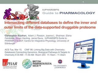 www.guidetopharmacology.org
Intersecting different databases to define the inner and
outer limits of the data-supported druggable proteome
Christopher Southan, Adam J. Pawson, Joanna L. Sharman, Elena
Faccenda, Simon Harding, Jamie Davis, IUPHAR/BPS Guide to
PHARMACOLOGY, Centre for Integrative Physiology, University of
Edinburgh
ACS Tue, Mar 15, CINF 98: Linking Big Data with Chemistry:
Databases Connecting Genomics, Biological Pathways & Targets to
Chemistry 9:30 AM - 11:50 AM Room 24C 11:10am - 11:30am
1
http://www.slideshare.net/cdsouthan/update-on-the-druggable-proteome
 