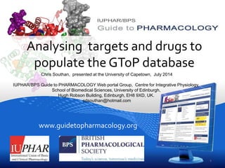 www.guidetopharmacology.org
Analysing targets and drugs to
populate the GToP database
Chris Southan, presented at the University of Capetown, July 2014
IUPHAR/BPS Guide to PHARMACOLOGY Web portal Group, Centre for Integrative Physiology,
School of Biomedical Sciences, University of Edinburgh,
Hugh Robson Building, Edinburgh, EH8 9XD, UK.
cdsouthan@hotmail.com
1
 