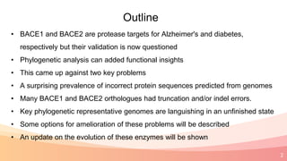2
Outline
• BACE1 and BACE2 are protease targets for Alzheimer's and diabetes,
respectively but their validation is now questioned
• Phylogenetic analysis can added functional insights
• This came up against two key problems
• A surprising prevalence of incorrect protein sequences predicted from genomes
• Many BACE1 and BACE2 orthologues had truncation and/or indel errors.
• Key phylogenetic representative genomes are languishing in an unfinished state
• Some options for amelioration of these problems will be described
• An update on the evolution of these enzymes will be shown
 