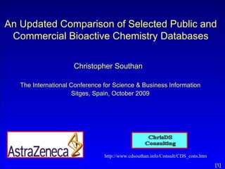 An Updated Comparison of Selected Public and Commercial Bioactive Chemistry Databases ,[object Object],[object Object],[object Object],http://www.cdsouthan.info/Consult/CDS_cons.htm 