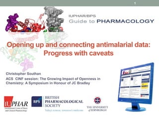 www.guidetopharmacology.org
Opening up and connecting antimalarial data:
Progress with caveats
Christopher Southan
ACS CINF session: The Growing Impact of Openness in
Chemistry: A Symposium in Honour of JC Bradley
1
http://www.slideshare.net/cdsouthan/southan-malaria-acs
 