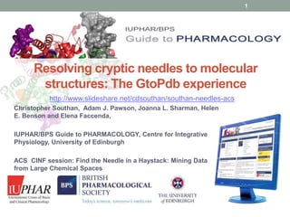www.guidetopharmacology.org
Resolving cryptic needles to molecular
structures: The GtoPdb experience
Christopher Southan, Adam J. Pawson, Joanna L. Sharman, Helen
E. Benson and Elena Faccenda,
IUPHAR/BPS Guide to PHARMACOLOGY, Centre for Integrative
Physiology, University of Edinburgh
ACS CINF session: Find the Needle in a Haystack: Mining Data
from Large Chemical Spaces
1
http://www.slideshare.net/cdsouthan/southan-needles-acs
 