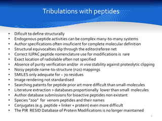Tribulations with peptides
• Dificult to define structurally
• Endogenous peptide activities can be complex many-to-many s...