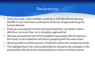 Declarations
2
• Since circa 2005, team members working on IUPHAR-DB that became
GtoPdb in 2012 have been curating the structures of approved drugs for
human diseases
• Partly as a consequence of the work presented here, we neither claim a
definitive, nor error-free, nor a complete, approved set
• We have encountered most of the problems associated with this exercise
first hand, so we empathise with teams grappling with the same issues
• We are grateful to all the sources in PubChem used in this comparison study
• The highlighting of inter-source discordances and particular examples in this
presentation should not be misinterpreted as criticism of those sources
 