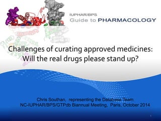 Challenges of curating approved medicines: 
Will the real drugs please stand up? 
Chris Southan, representing the Database Team 
NC-IUPHAR/BPS/GTPdb Biannual Meeting, Paris, October 2014 
1 
 