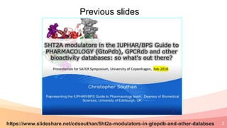 2
Previous slides
https://www.slideshare.net/cdsouthan/5ht2a-modulators-in-gtopdb-and-other-databses
 