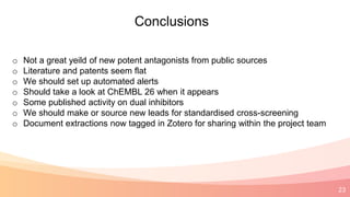 23
Conclusions
o Not a great yeild of new potent antagonists from public sources
o Literature and patents seem flat
o We should set up automated alerts
o Should take a look at ChEMBL 26 when it appears
o Some published activity on dual inhibitors
o We should make or source new leads for standardised cross-screening
o Document extractions now tagged in Zotero for sharing within the project team
 